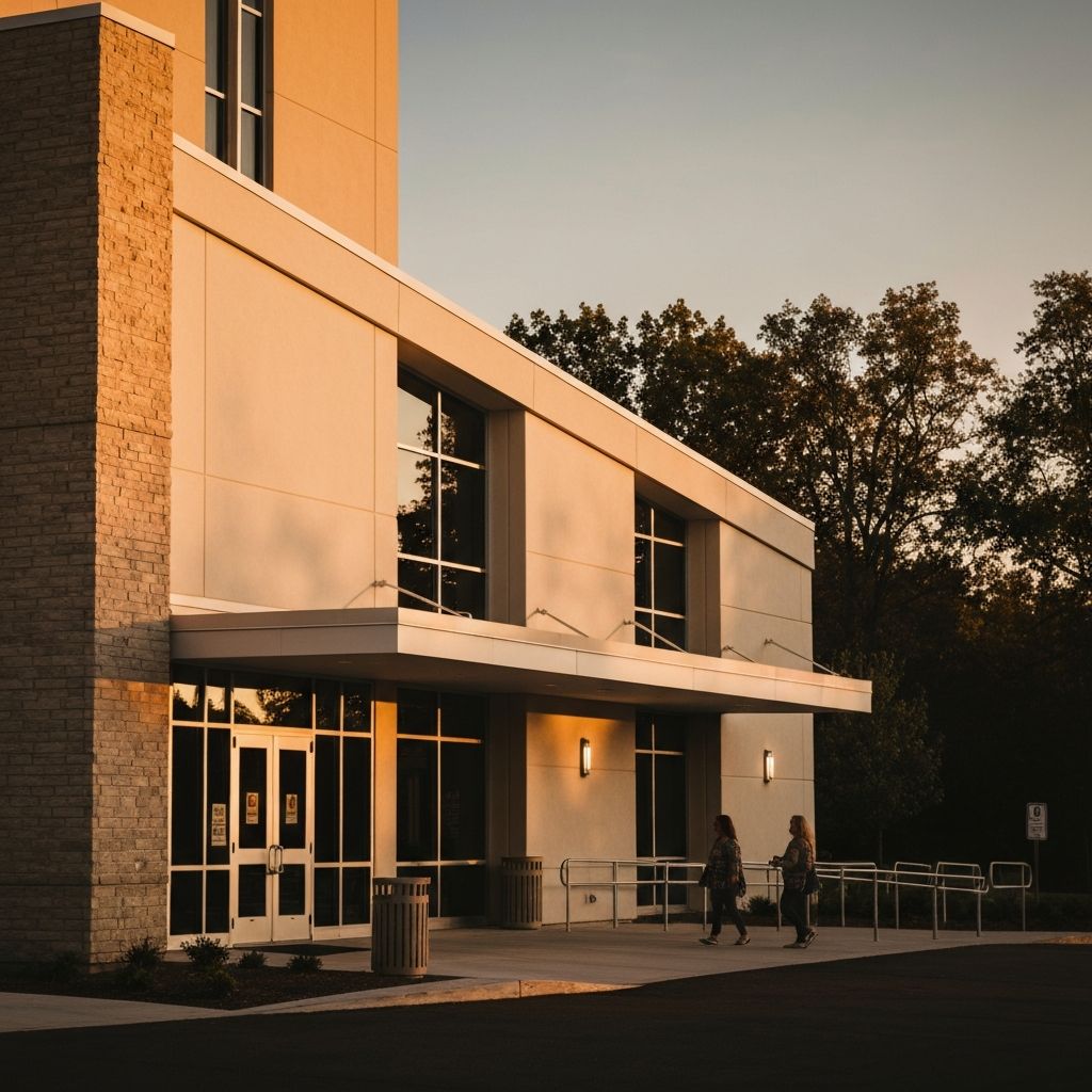 Modern church building at golden hour